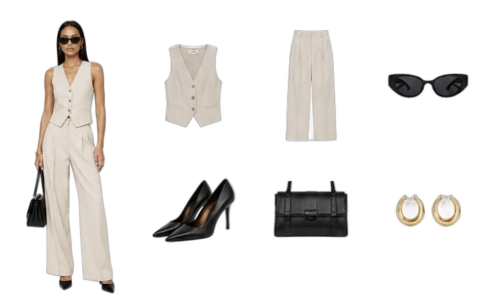 A daily style drop — a tailored vest-and-trousers look with its matched shoes, bag, sunglasses, and earrings