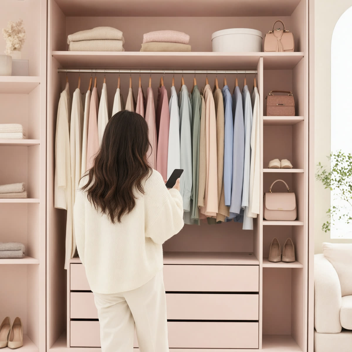 A woman with her phone facing an organized wardrobe of clothes she already owns