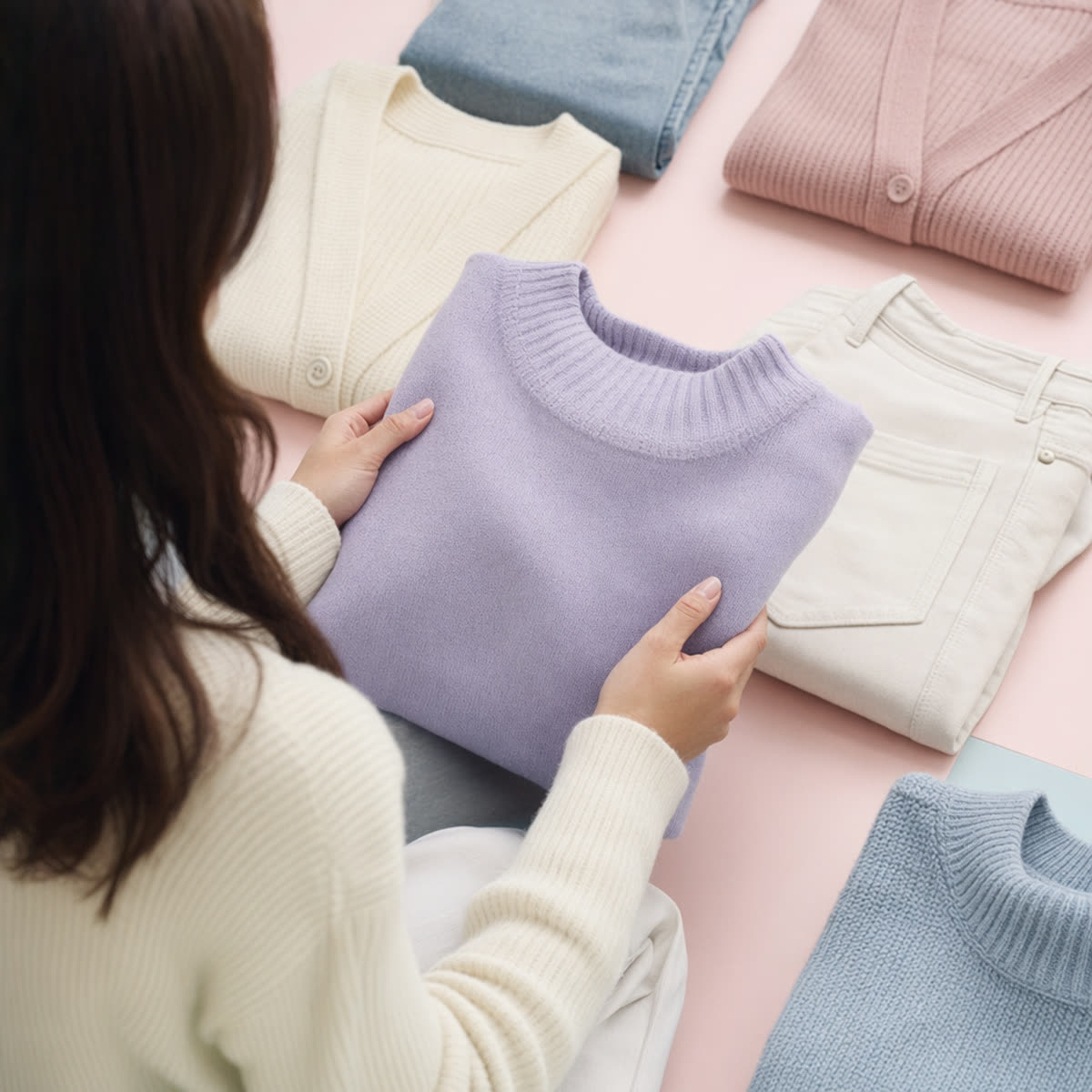 Neatly arranged, digitized-looking garments laid out on a pastel background