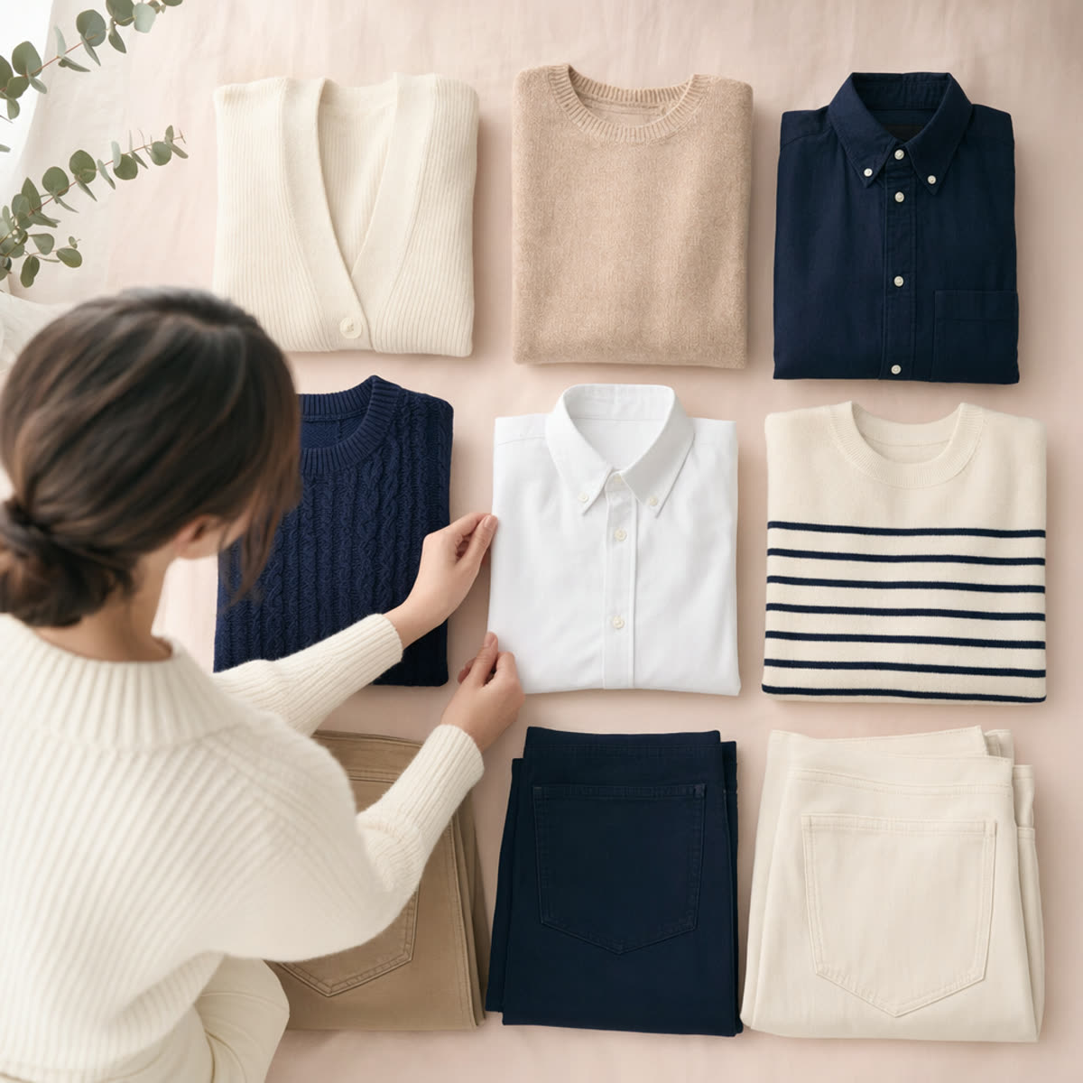 A neutral capsule-wardrobe palette — folded cream, tan, navy and white pieces