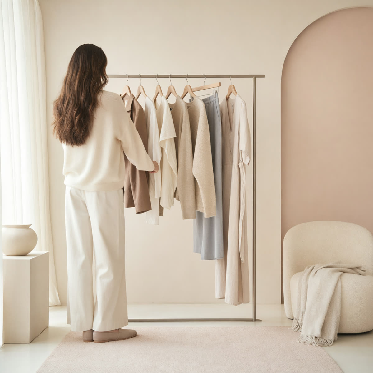 A minimalist clothing rail holding a small, curated set of versatile neutral pieces