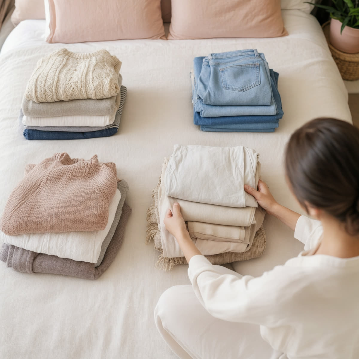 Clothes sorted into four neat piles on a bed — keep, donate, repair, maybe