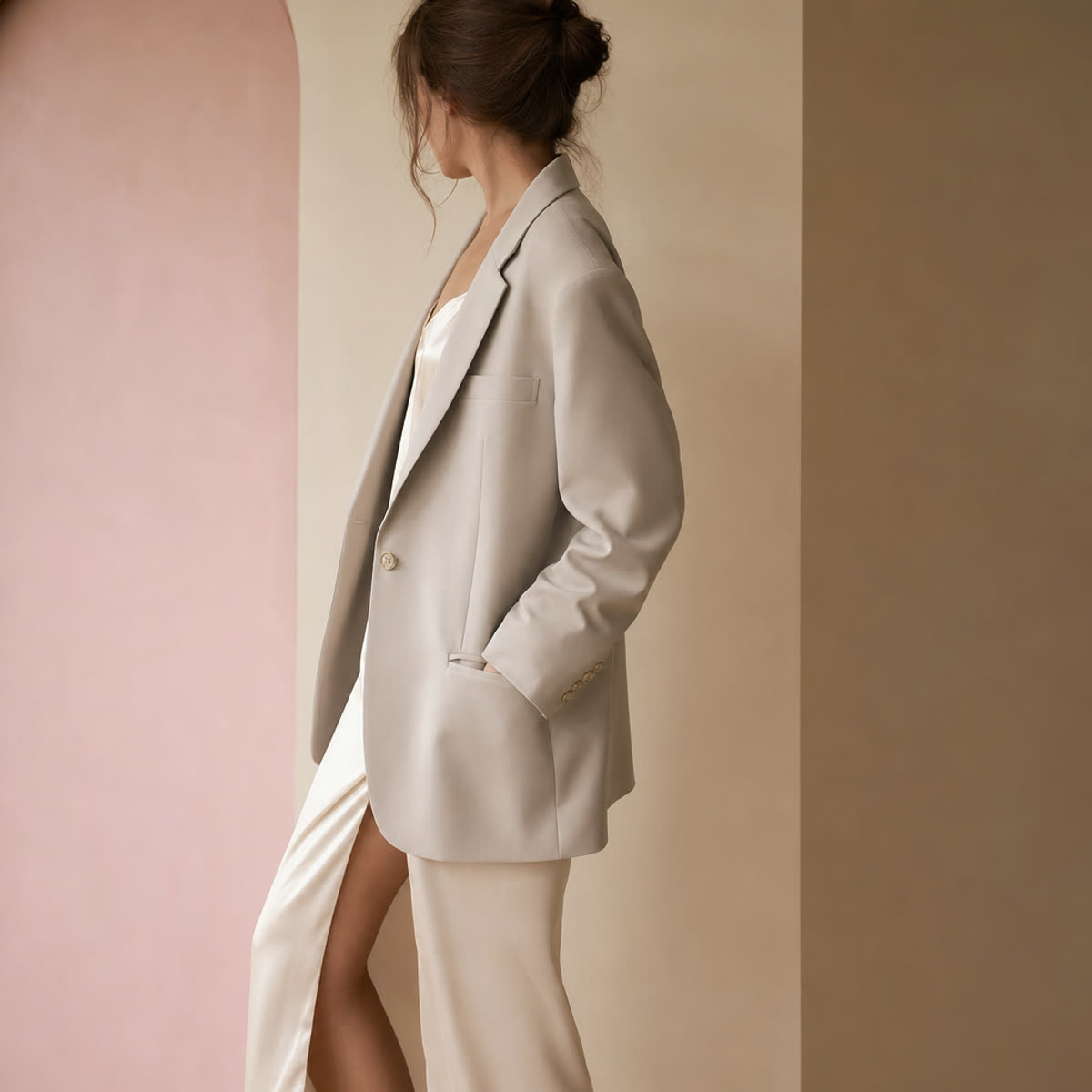 A woman in an oversized blazer worn over a slip dress — an elegant, dressed-up blazer look