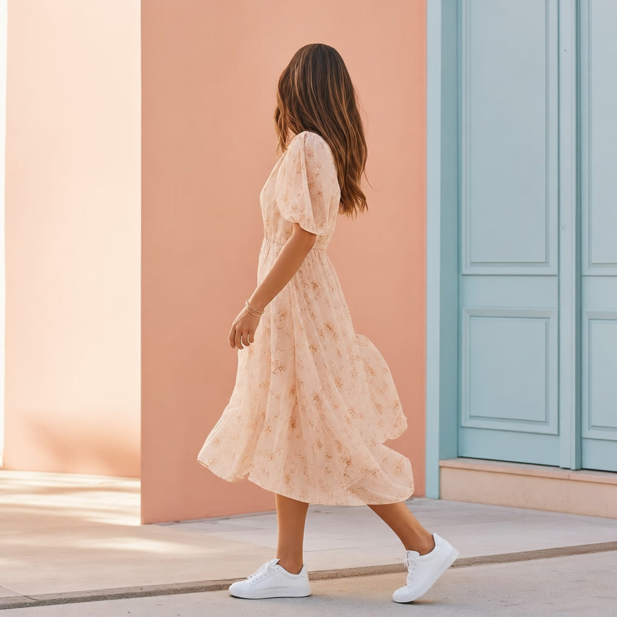 A flowing midi dress paired with white sneakers