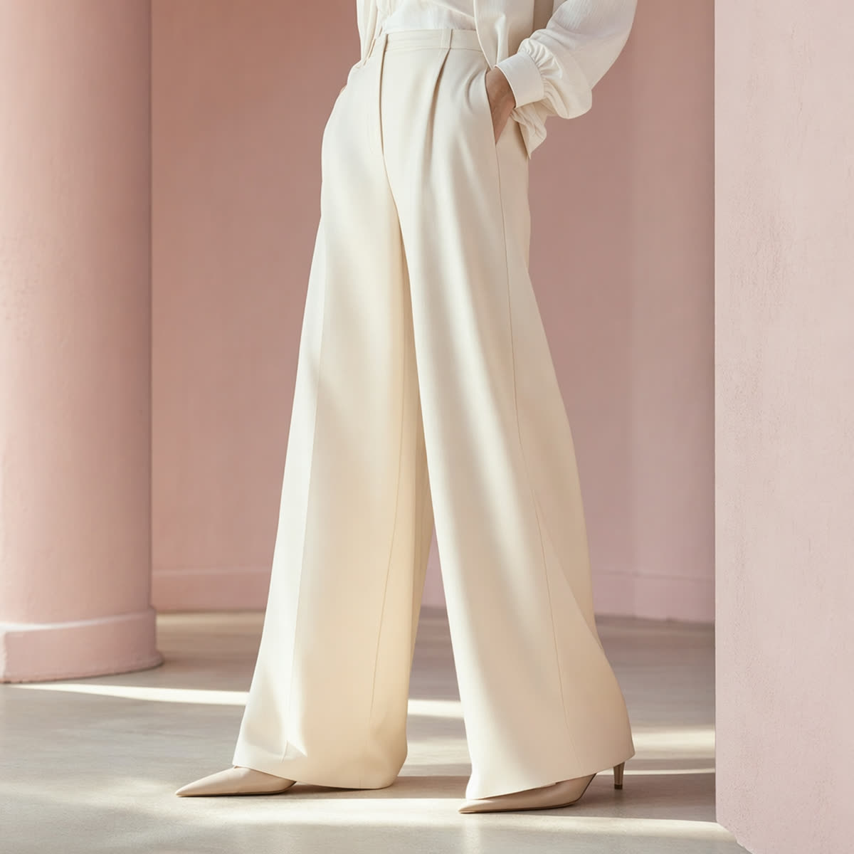 Wide-leg trousers grazing the floor over pointed heeled shoes, an elongated leg line
