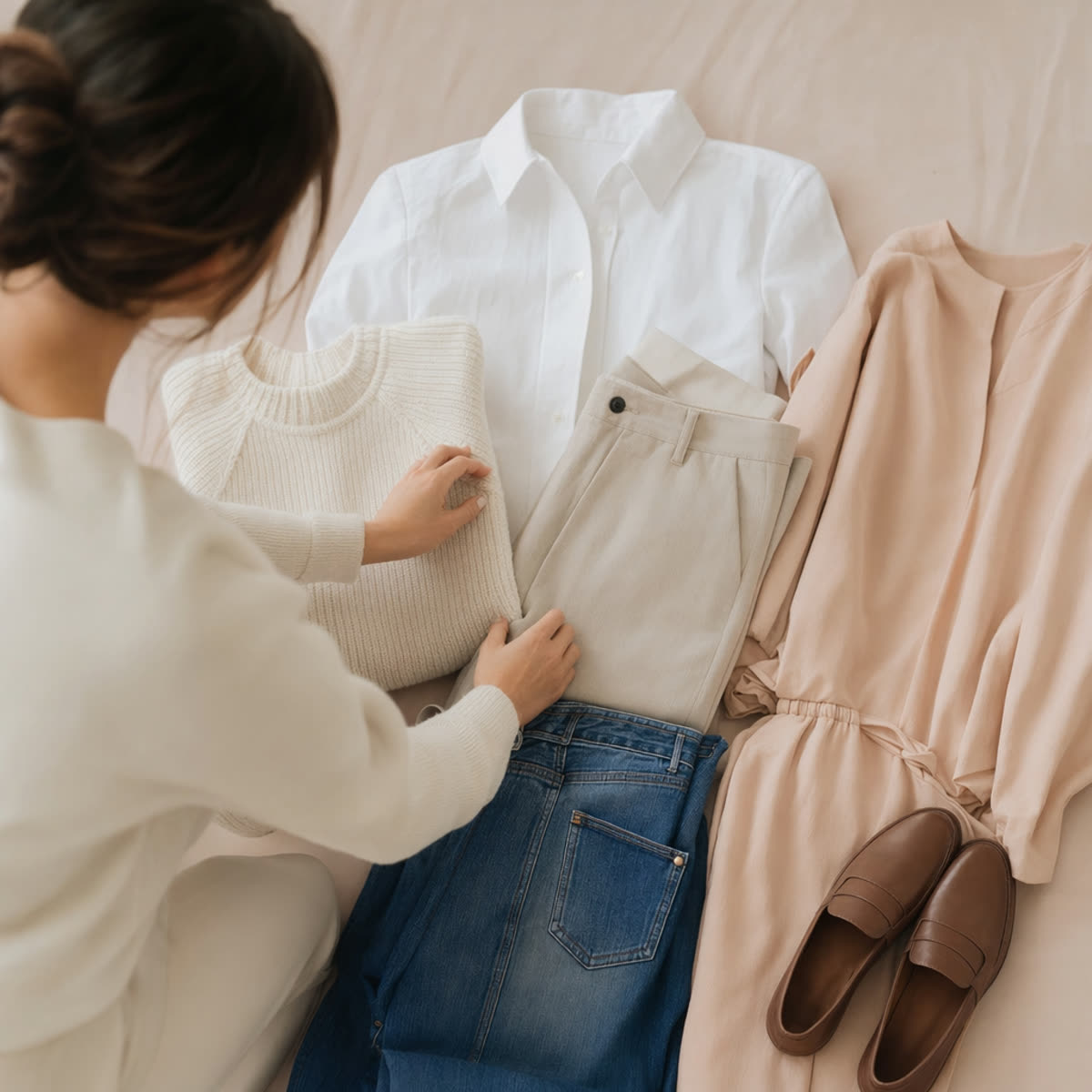 A neat flat-lay of wardrobe essentials — white shirt, neutral trousers, denim, knit, dress, leather shoes