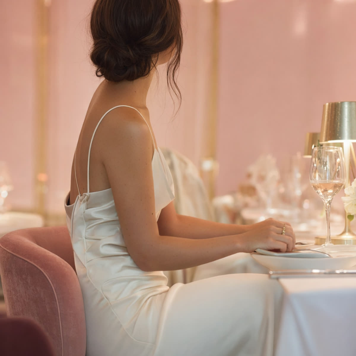 A woman in an elegant simple dress at a softly lit restaurant table in the evening