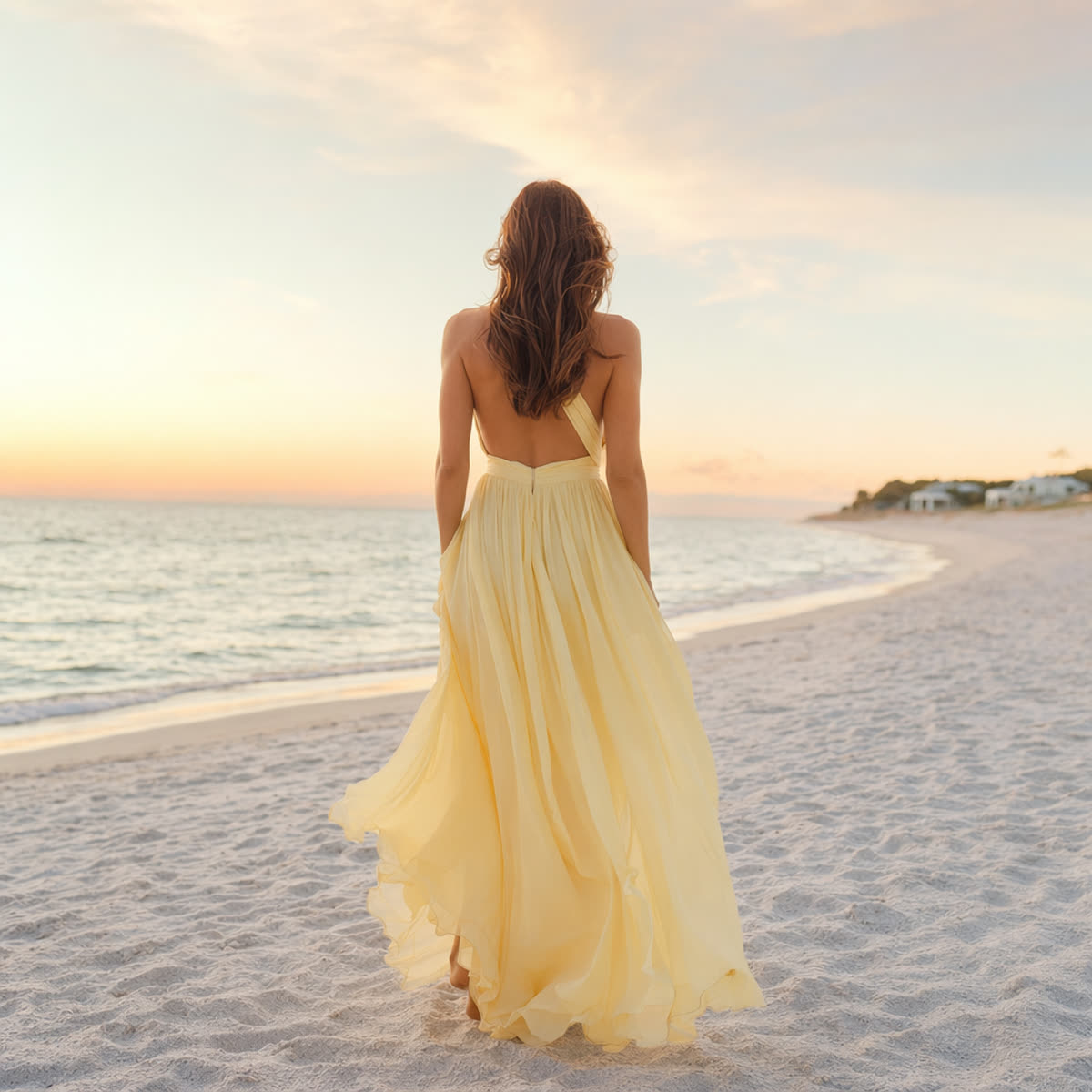 A flowing chiffon maxi dress on the beach at golden hour