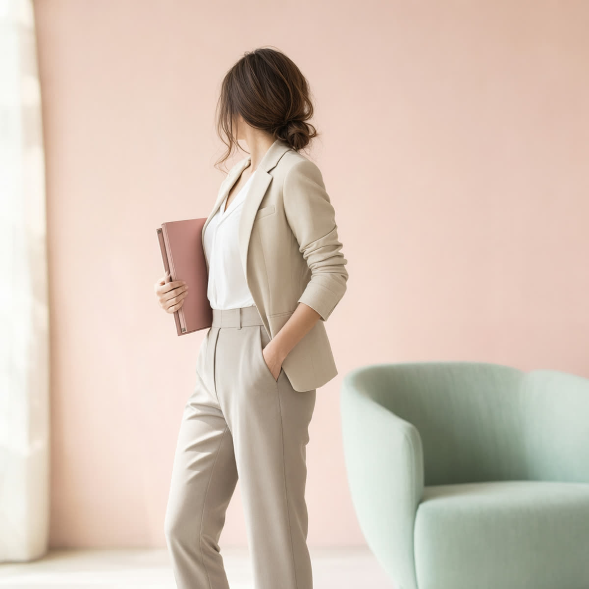 A woman in polished business-casual interview attire — blazer, blouse, tailored trousers