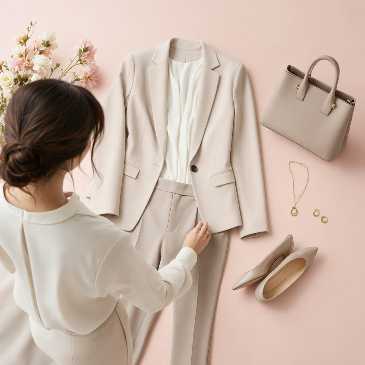 An interview outfit laid out flat — structured blazer, neutral blouse, tailored trousers, low heels
