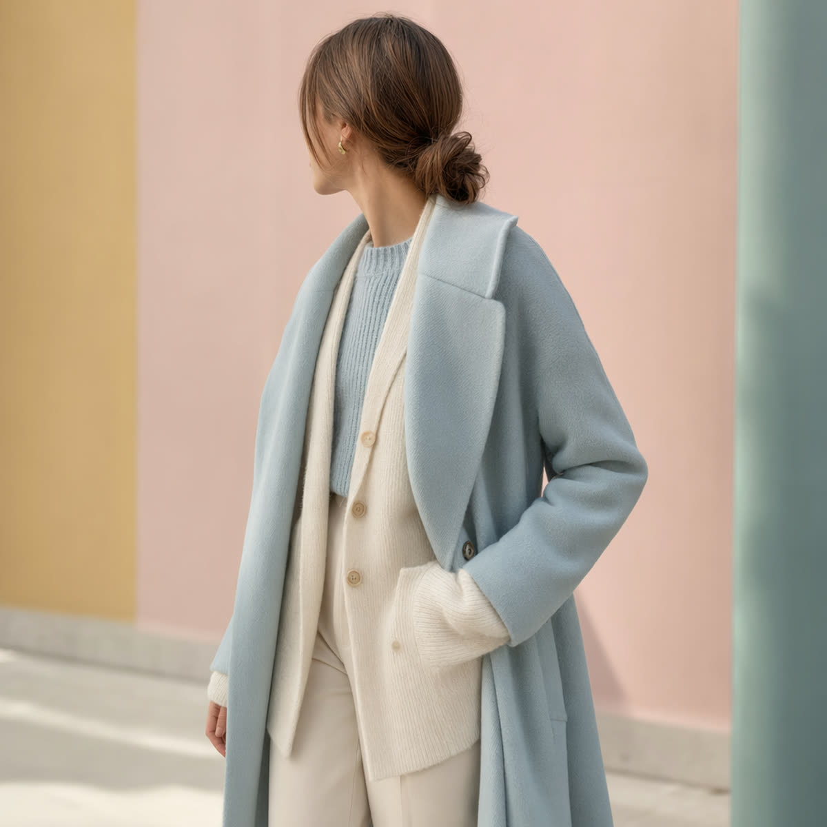 A woman in a three-layer winter outfit — knit base, cardigan mid-layer, open wool coat