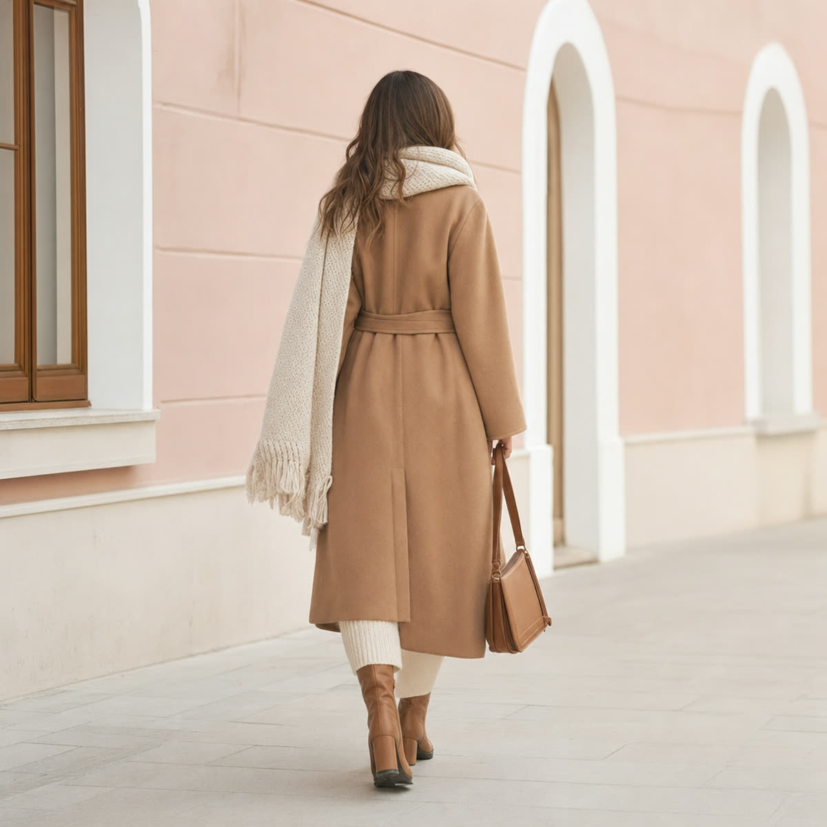 A woman in a tonal winter palette — camel coat, cream knit, brown boots